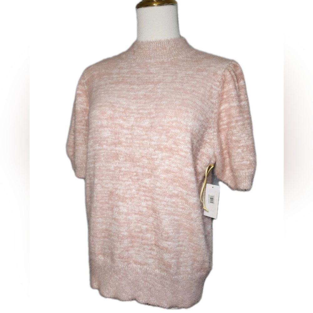 CeCe Short Puff Sleeves Eyelash Knit Sweater Mock Neck Misty Pink Size M